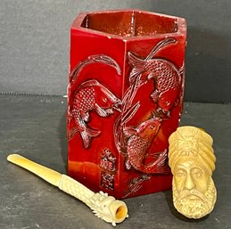 Early Carved Dragon Cigarette Holder Meerschaum Bakelite Pipe, Chinese Brush Pot With Koi Fish