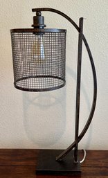 Industrial Bronze Tone Metal Lamp W/ Black Metal Mesh Shade And Edison Bulb