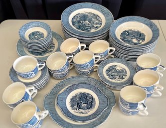 Large Set Of Currier And Ives By Royal Blue And White Dishware Including Assorted Dishware