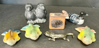 Hand Made In Kenya Pottery Snake Charmer Box, Carved Wood Duck, Bronze Gecko, Pottery Koi Fish, And More