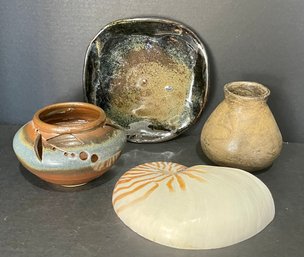 Rustic Indian Pottery Vase & Studio Pottery Plate And Bowl And A Large Polished Shell