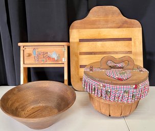 Vintage Wood Lot - Large Cutting Board, Bowl, Shelf, Bear Motif Sewing Basket