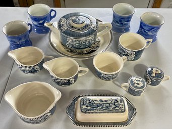 Blue And White Ironstone Serving Pieces - Tea Pot, Salt And Pepper, Dish, And More