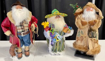 (3) Santa Clause Figurines - Western, Kathy Pena Snowflake, Kohls Burlap