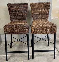 Pair Of Wicker Bar Stools W/ Metal Legs