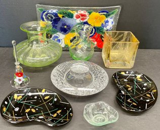 Vintage Art Glass Lot - Orrefors Candle Holder, Painted Glass Bell, Houze Glass Black Dishes, And More
