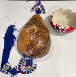 (2) Hand Carved And Painted Gourds - Alice Huffman Holiday Bowl, Asian Tiger Wall Hanging