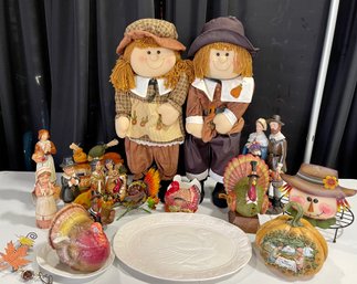 Fall Decor Lot - Turkey Platter, Gravy Boat, Napkin Holder, Figurines, And Pilgrims