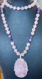 Vintage Chinese Hand Knotted Rose Quartz & Amethyst Round Bead 30 Inch Necklace Carved Lotus Pendant