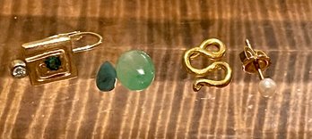 14K Gold Earring - One Pearl & One Diamond And Emerald - 18K Scrap Gold And 2 Loose Stones Emerald & Jade