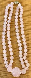 Vintage Double Strand Rose Quartz Round Bead 18 Inch Necklace With Carved Flower Pendant