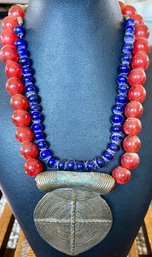 Ashanti Ghana Double Strand 18 Inch Glass Bead Necklace With Brass Pendant