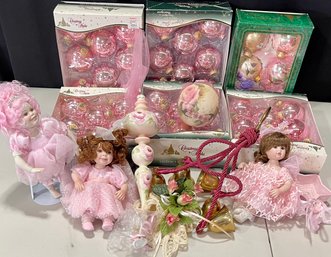 Pretty In Pink Holiday Decor Lot, Ornaments, Dolls And More