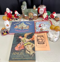 Vintage Holiday Lot - Beck Angels, Books, Carved Gourd Ornament, And More
