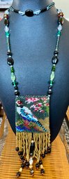 Vintage Seed Bead And Glass Bead Medicine Pouch W Fringe 30 Inch Necklace
