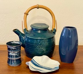 Vintage Salt Glaze Pottery Asian Tea Pot Bamboo Handle -  Canton - Blue Pottery Bud Vase & S Ward Pottery Dish