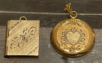 2 Antique Gold Filled Etched Lockets - Book Locket And Round Heart Etched
