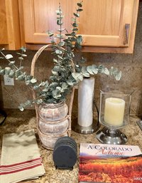 Eclectic Decor Lot W/ Pottery Vase With Wood Handle Crate & Barrel Candle Holder, Slate Coasters, Fielder Book