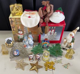 Christmas Decor Lot - Cloisonne Ornaments, Candle Holders, International Silver Plate Company Plate, Etc.