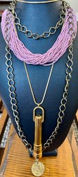 Vintage Multi Strand Pink Seed Bead Necklace - Gold Tone Kaleidoscope Necklace - Chain Coin Belt