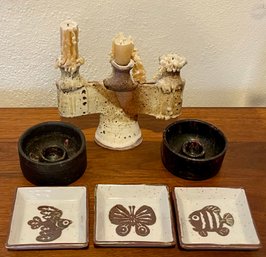 Vintage Studio Pottery Tri Candle Stick - Mona Pottery Round Candle Holders - 3 Animal Tealight Holders