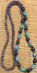 Vintage Stone Bead 34 Inch Necklace With Floral Cloissone Beads