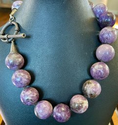 Stunning Large Charoite Round Bead 18 Inch Necklace With Sterling Silver Closure