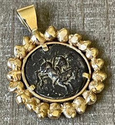 Incredibly Rare - 14K Gold Pendant With Calabria Taras Bronze Coin 18.9 Grams