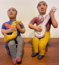 2 Handmade Pottery Mexico Folk Art Musicians On Pottery Benches (as Is)