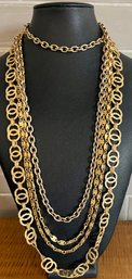 3 Vintage Gold Tone Necklaces - Crown Trifari 54' Link - Double Ring 30' Necklace & 36' Chain Ring Necklace