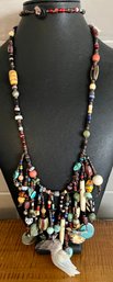 Stunning Statement Necklace - Mother Of Pearl Bird - Turquoise - Lapis -Shell  - Art Glass - Bone - Pottery