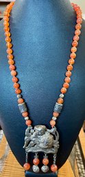 Vintage Carnelian Round Bead Chinese Buddha Pendant 20 Inch Necklace W Silver Clasp