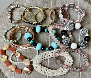 Vintage Assorted Stretch Bracelets - Beads - Stones -Crystals - Mother Of Pearl And Metal