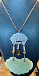 Vintage Carved And Etched Jade Pendant & Carnelian Corded 32 Inch Necklace