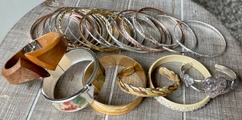Collection Of Assorted Metal Bangle Bracelets - Cuff Bracelets And Hinged Bracelets - Wood, Enamel & More