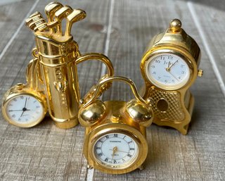 3 Vintage Gold Tone Miniature Table Clocks - Alarm - Golf Clubs - Grandfather Clock - Shannon's - Jefric