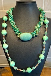 Vintage Malachite & Jadeite Twist 16' Necklace & Jadeite & Glass Bead 26' Necklace