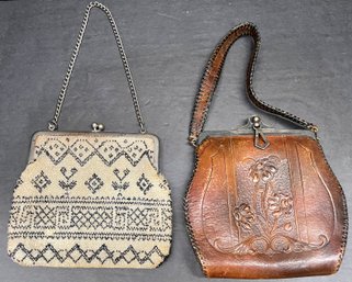 Art Deco Hand Tooled Leather Purse With Metal Clasp And Vintage Seed Bead Purse (as Is)