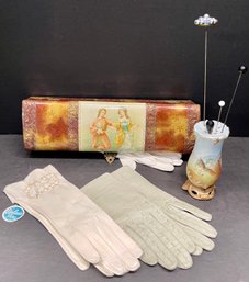 Antique Celluloid Glove Box With Seed Bead Gloves, Addelweiss Leather Gloves, And Hat Pins With Jar