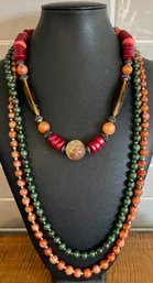 3 Vintage Jadeite - Coral - Carnelian & Glass Bead Necklaces