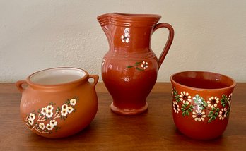 Marburg Handgearbeitet Pot, Portugal Pottery Pitcher, And A Mendoza Mexico Handled Pottery Pot