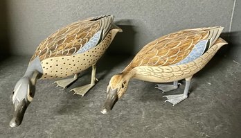 (2) Charles Moore And Vergle Hodge Hand Painted Duck Decoys With Sculpted Metal Feet