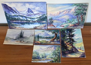 (5) Antique Original Bessie Skiff Landscape Watercolors Out Of Frame - (2) Signed