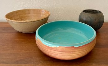 (3) Pieces Of Vintage Studio Pottery - Tan And Teal Bowl And Small Pot