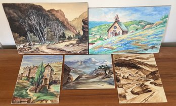 (5) Antique Original Bessie Skiff Landscape Watercolor And Oil Paintings Out Of Frame