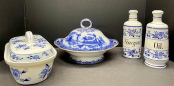 Delft Blue Doulton Watteau Covered Dish, Germany Oil And Vinager, Zwiebelmuster Meissen Covered Dish (as Is)