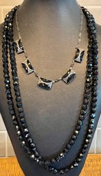 Antique Jet Black Faceted 54' Glass Bead Necklace  & Black Jet Glass Cabochon, Marcasite, Silver 16' Necklace