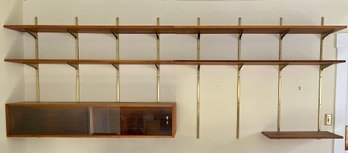 1960's Danish Teak And Gold Brass Modular Wall Unit With Sliding Glass Case And Shelves