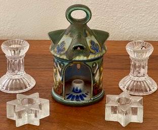 Scarce Dutch PZH Gouda Rhodian Pottery Candle Lantern And Vintage Glass Candle Holders