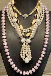 Vintage Faux Pearl Necklaces - Marvella Double Strand With Rhinestone Clasp - Faux Bone & Wood Bead Necklace